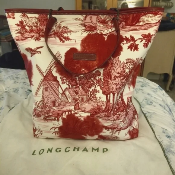 Longchamp Red & White Canvas Toile de Jouy Tote Bag - Picture 2 of 15